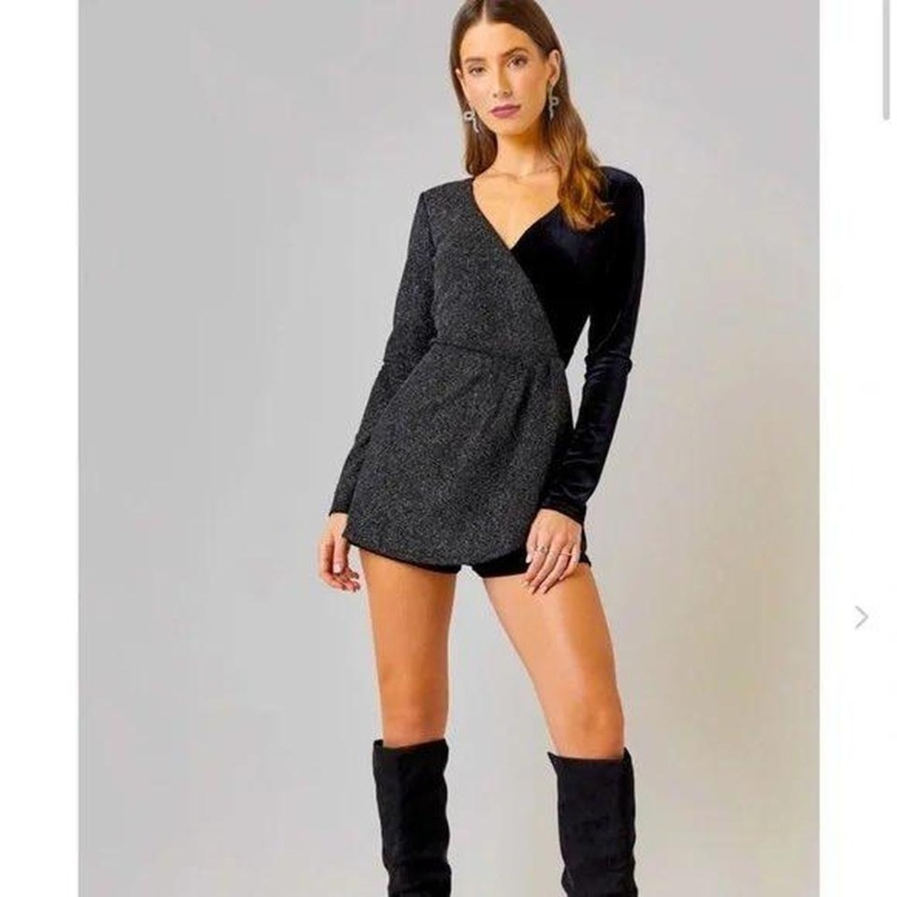 Black Velvet Contrast Long Sleeve Wrap V Neck Romper Women's